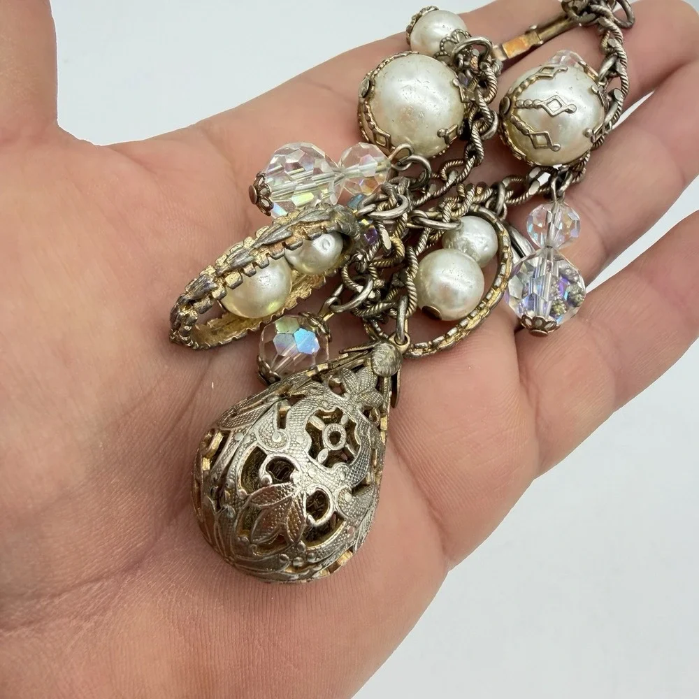 Vintage Charm Bracelet Dangling AB Crystal Faux Pearl Ball Filigree Read